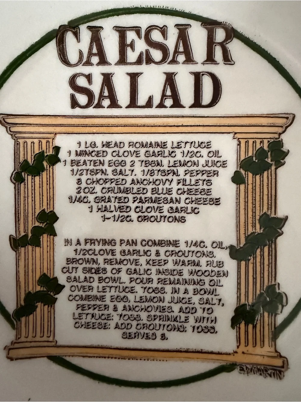 Vintage Caesar Salad Recipe Ceramic Serving Bowl - White with Green Trim